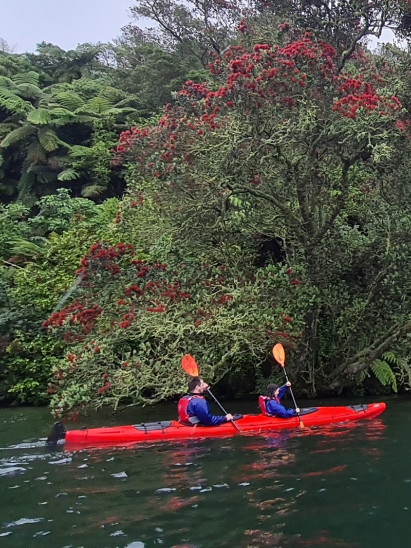 a group of people rowing a boat in the water