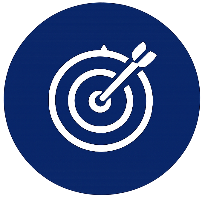 Icon of a bullseye with an arrow on a blue circle background.