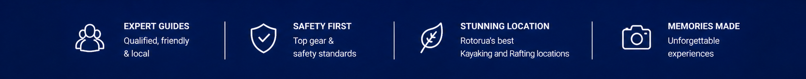 Icons for expert guides, safety, stunning locations, and memories on dark background.