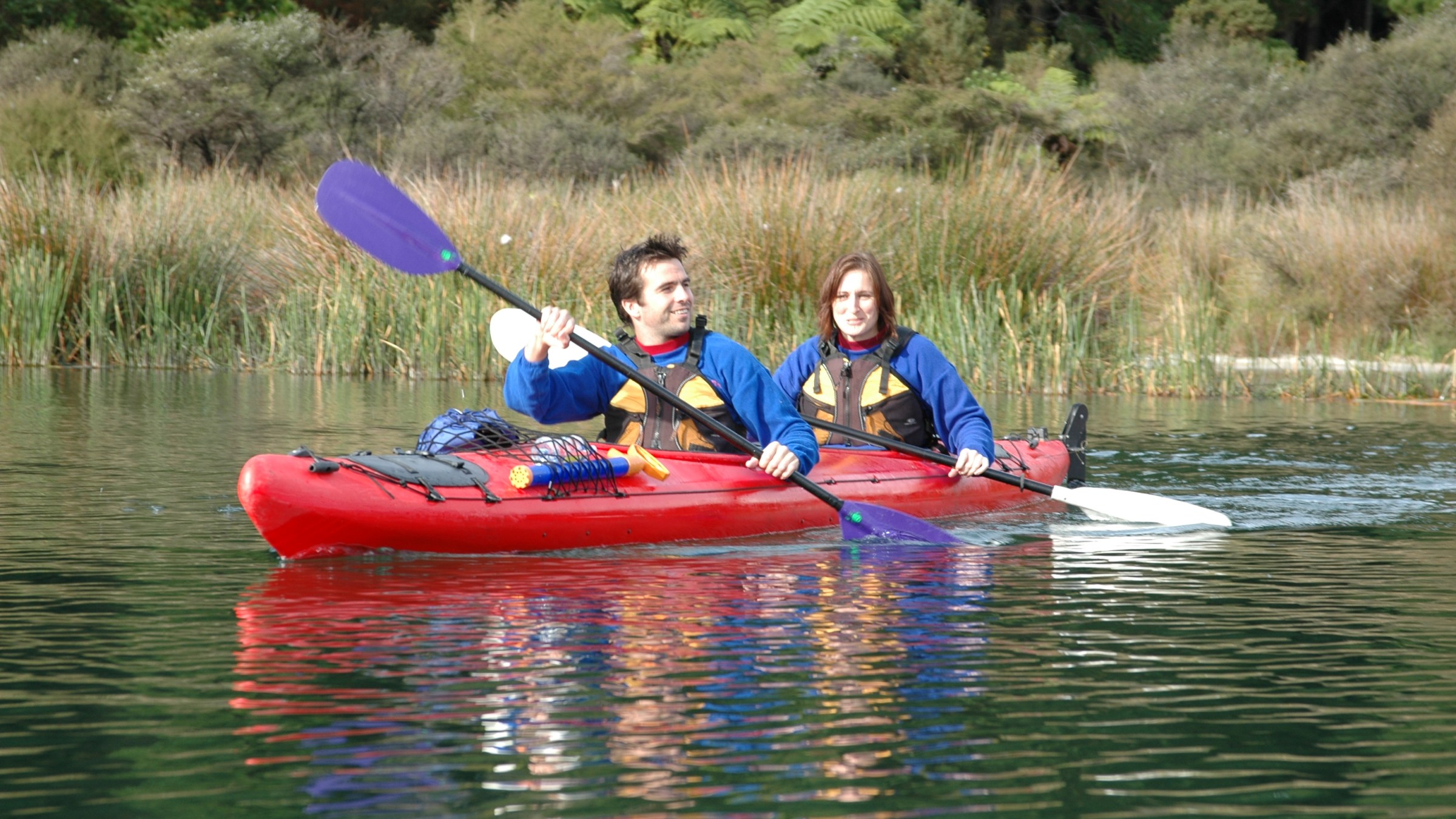 Two people kayaking on a calm lake surrounded by reeds and trees.