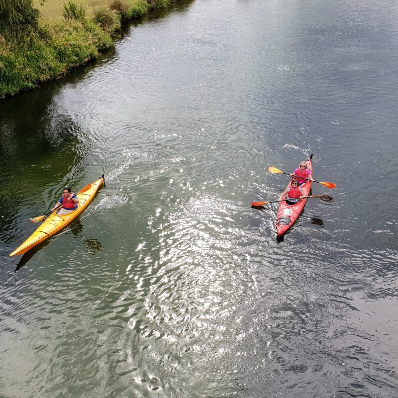 Two people kayaking on a river, one in a yellow kayak, the other in a red kayak.